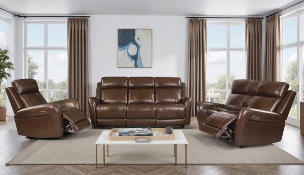 E2 Ember Genuine Leather Power Recliner Sofa Collection: Caramel/Chocolate