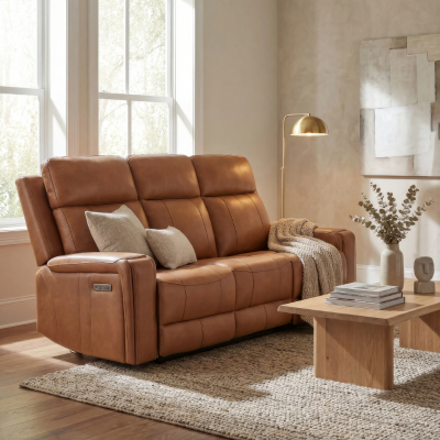 Milano Power Motion Sofa: Blue/Cognac